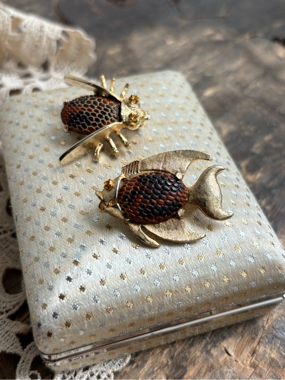Vintage Risa Bee And Angel Fish Brooch And Pin Set With Textured Enamel View 5